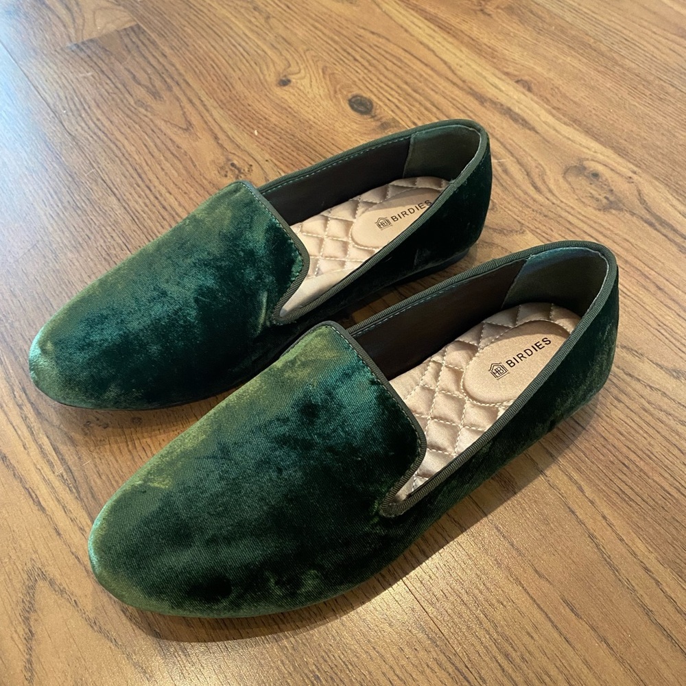 Birdies Olive Green Velvet Loafers/Flats